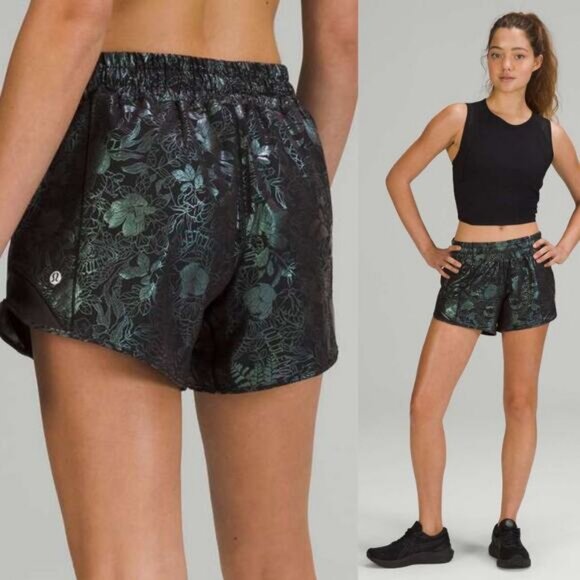 LULULEMON Hotty Hot Low-Rise Lined Short 4" Sz 6 Logo Flourish Iridescent Foil - Picture 1 of 10